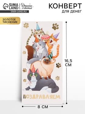 Конверт для денег «Поздравляю», коты, тиснение, 16.5×8 см