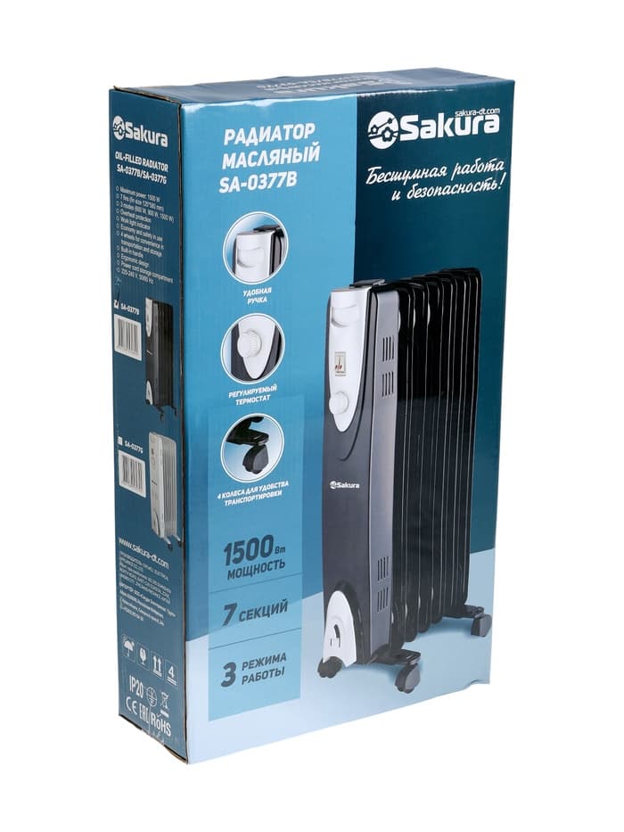 Обогреватель масляный Sakura SA-0377B, 1500 Вт, до 15 м², 7 секций, механический, 3 режима
