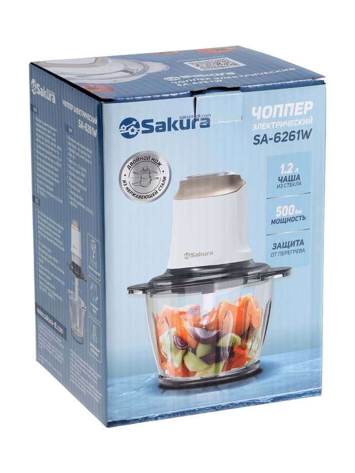Измельчитель Sakura SA-6261W, 1.2 л, 500 Вт, стекло, 4 ножа, белый