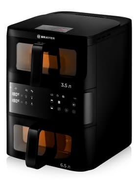 Аэрогриль BRAYER 2048BR, 2500 Вт, 2 чаши, 10 программ, 200°С, LED-дисплей, таймер, решётка