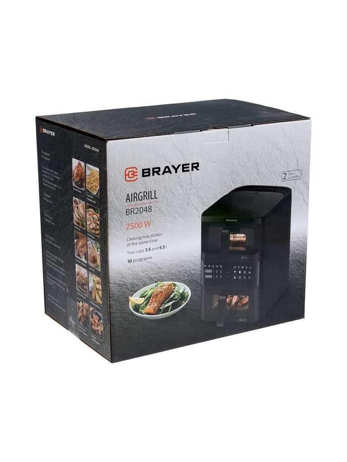 Аэрогриль BRAYER 2048BR, 2500 Вт, 2 чаши, 10 программ, 200°С, LED-дисплей, таймер, решётка