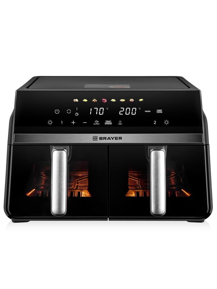 Аэрогриль BRAYER BR2050, 2200 Вт, 2 чаши по 5 л, 8 программ, до 200°С, LED-дисплей, таймер, решётка
