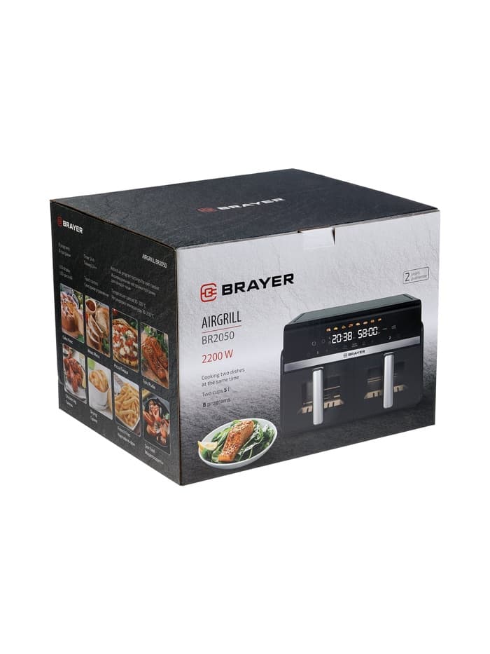Аэрогриль BRAYER BR2050, 2200 Вт, 2 чаши по 5 л, 8 программ, до 200°С, LED-дисплей, таймер, решётка