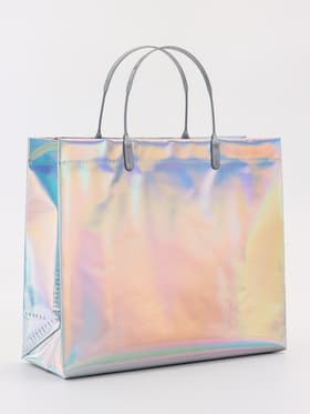 Пакет подарочный ПВХ, голография, серебро, пластиковая ручка, 26×22.5×10 см