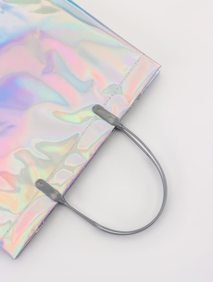 Пакет подарочный ПВХ, голография, серебро, пластиковая ручка, 26×22.5×10 см