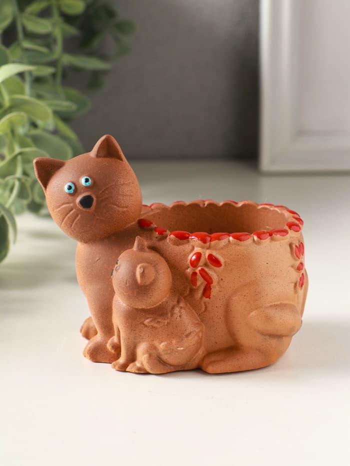 Подставка для мелочей «Кошка с котенком» 8×9×6 см, охра, гипс
