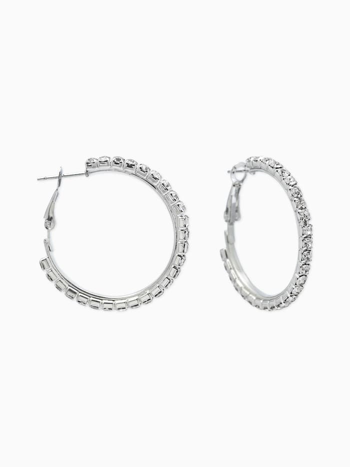 Серьги-кольца со стразами d=3.5 см, белые в серебре