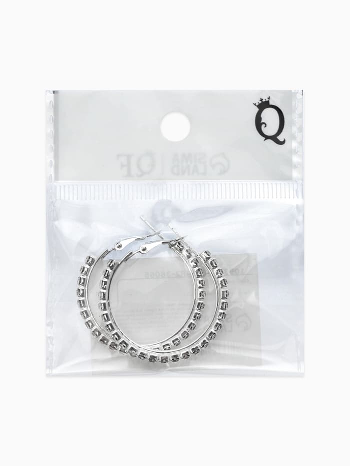 Серьги-кольца со стразами d=3.5 см, белые в серебре