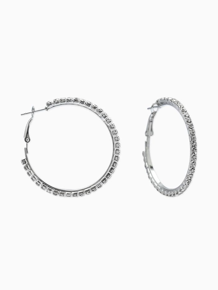 Серьги-кольца со стразами d=4.5 см, белые в серебре
