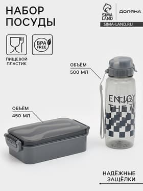 Набор посуды с собой Доляна, 4 предмета: бутылка 500 мл, ланч - бокс 450 мл, вилка, ложка, пластик, серый