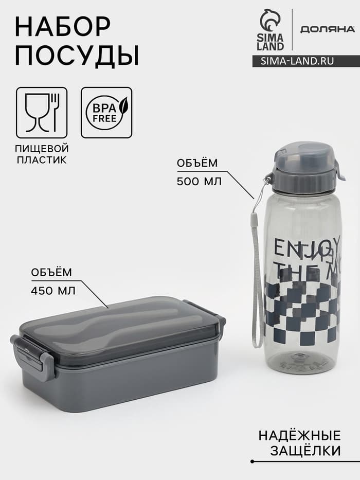 Набор посуды с собой Доляна, 4 предмета: бутылка 500 мл, ланч - бокс 450 мл, вилка, ложка, пластик, серый