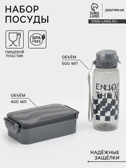 Набор посуды с собой Доляна, 4 предмета: бутылка 500 мл, ланч - бокс 450 мл, вилка, ложка, пластик, серый