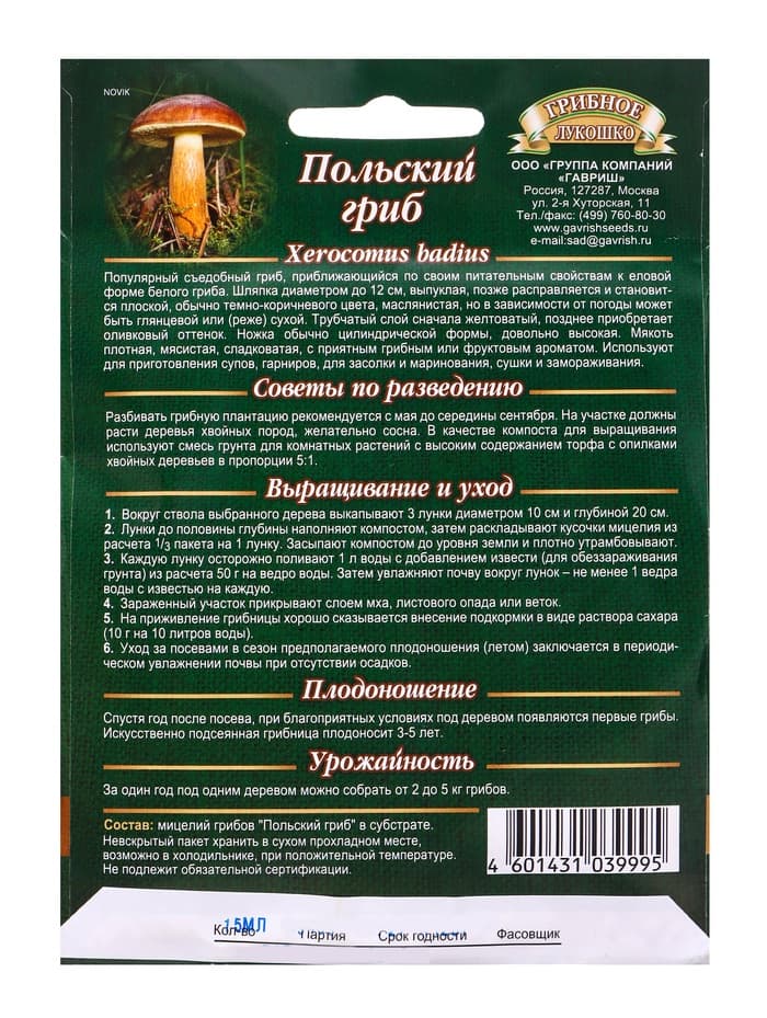 Мицелий грибов «Польский гриб», на зерновом субстрате, 15 мл, «Гавриш»
