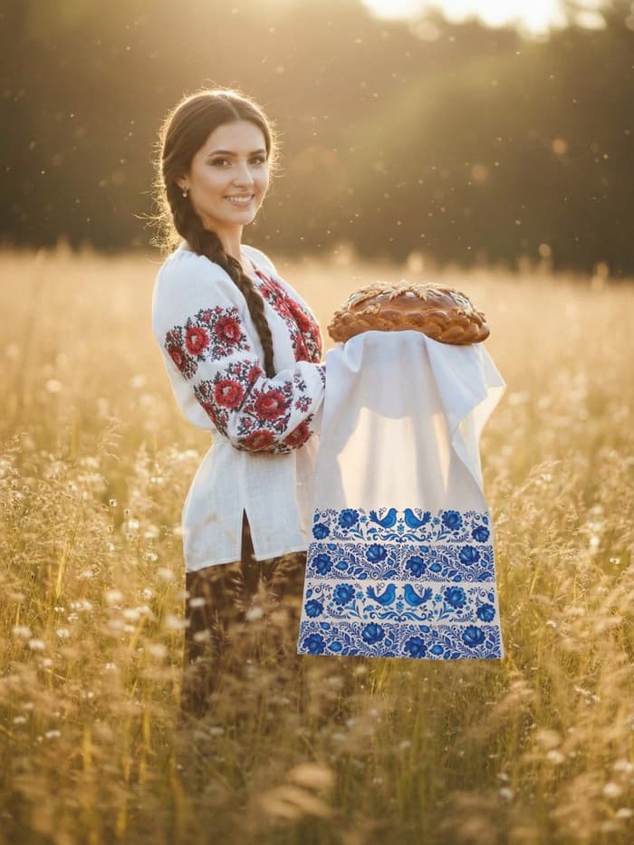 Рушник «Гжель и орнамент», 150×36 см, белый/синий