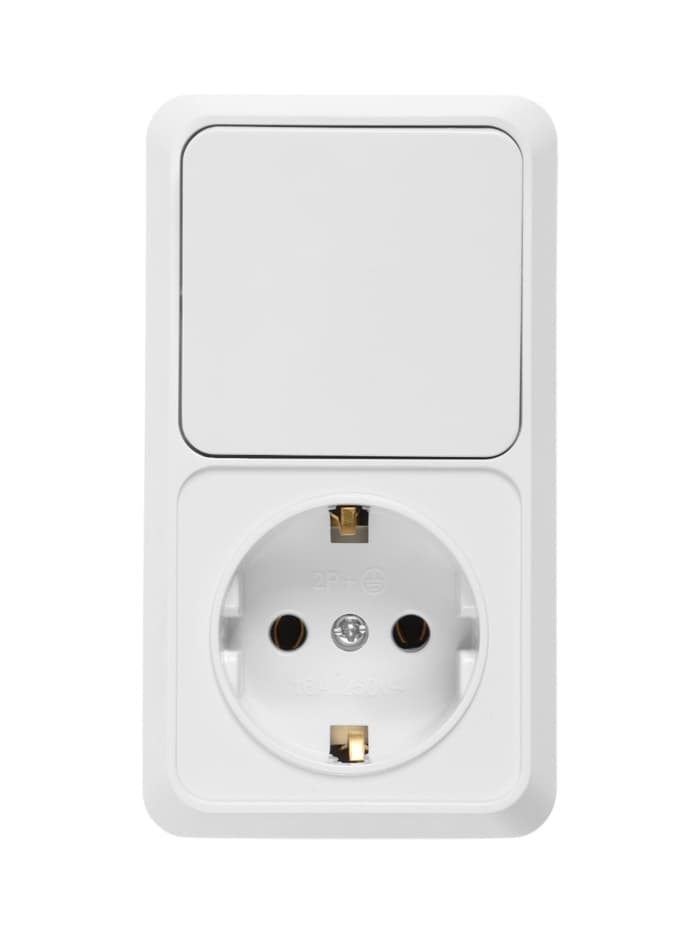 Выключатель одноклавишный с розеткой TANGO, 16 А, IP20, вертикальный, с заземлением, белый