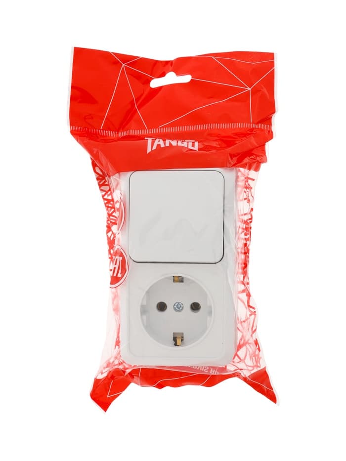 Выключатель одноклавишный с розеткой TANGO, 16 А, IP20, вертикальный, с заземлением, белый