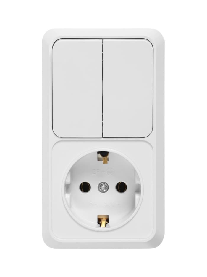 Выключатель двухклавишный с розеткой TANGO, 16 А, IP20, вертикальный, с заземлением, белый