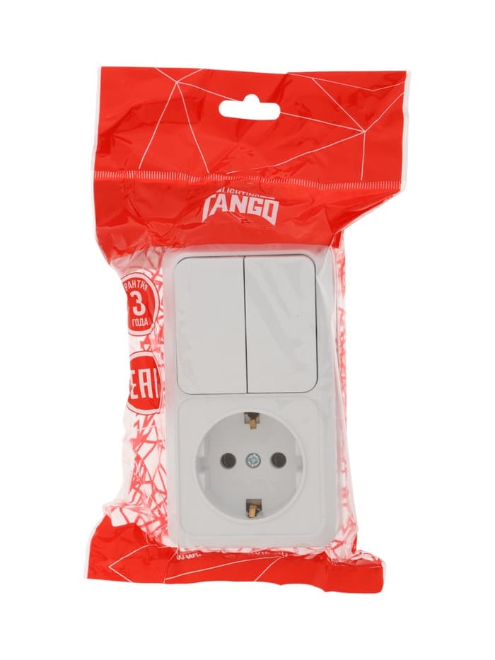 Выключатель двухклавишный с розеткой TANGO, 16 А, IP20, вертикальный, с заземлением, белый