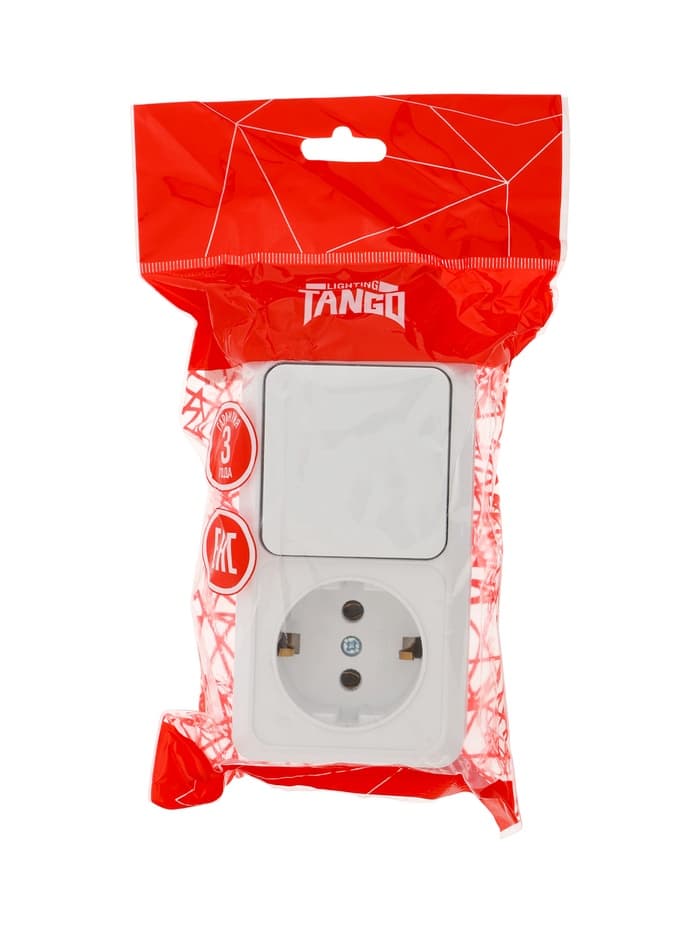 Выключатель одноклавишный с розеткой TANGO, 16 А, IP20, горизонтальный, с заземлением, белый