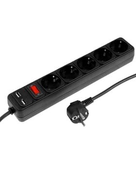 Сетевой фильтр TANGO, 5 розеток + 2 USB, 1.8 м, 10 А, 2200 Вт, с заземлением, чёрный