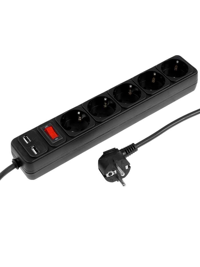 Сетевой фильтр TANGO, 5 розеток + 2 USB, 1.8 м, 10 А, 2200 Вт, с заземлением, чёрный