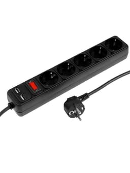 Сетевой фильтр TANGO, 5 розеток + 2 USB, 1.8 м, 10 А, 2200 Вт, с заземлением, чёрный