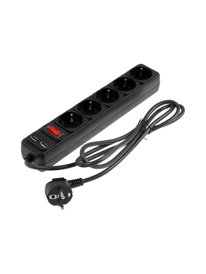 Сетевой фильтр TANGO, 5 розеток + 2 USB, 1.8 м, 10 А, 2200 Вт, с заземлением, чёрный