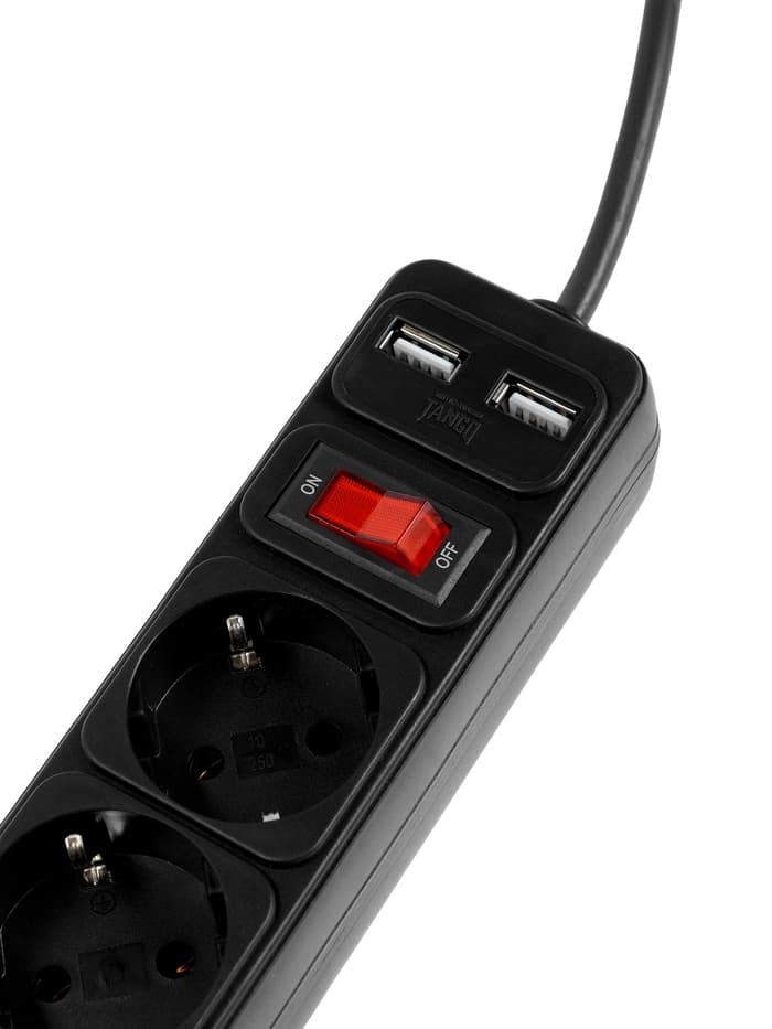 Сетевой фильтр TANGO, 5 розеток + 2 USB, 1.8 м, 10 А, 2200 Вт, с заземлением, чёрный