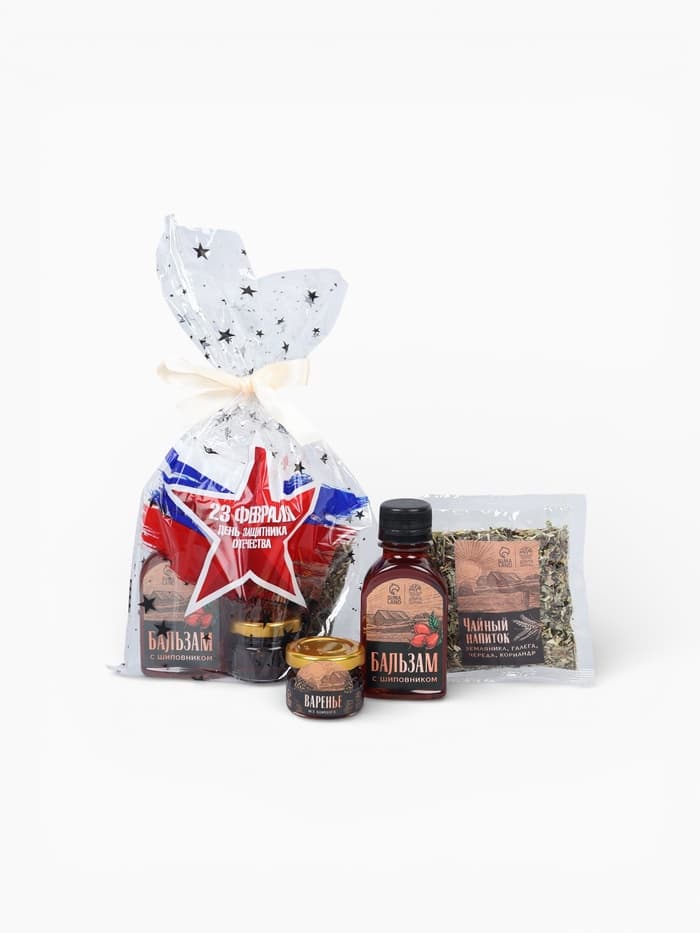 Подарочный набор «23 февраля»: чай, варенье из шишек, бальзам с шиповником