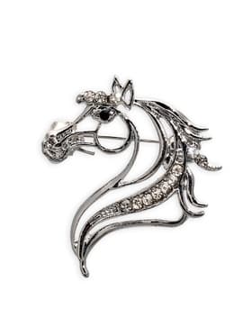 Брошь со стразами «Лошадь», белая в серебре