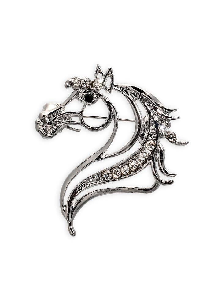 Брошь со стразами «Лошадь», белая в серебре