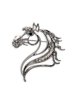 Брошь со стразами «Лошадь», белая в серебре