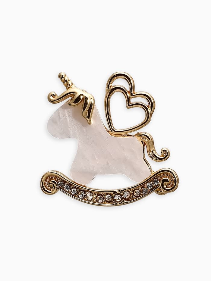 Брошь «Лошадка-Качалка. Единорог», белая в золоте