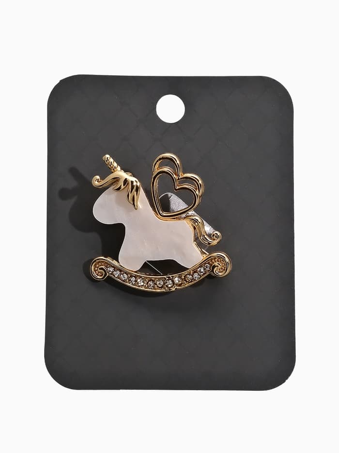 Брошь «Лошадка-Качалка. Единорог», белая в золоте