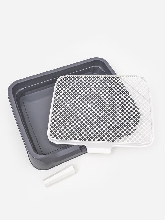 Туалет для собак, 48×39×8.5 см, с бортами, съёмной решеткой и столбиком, серый