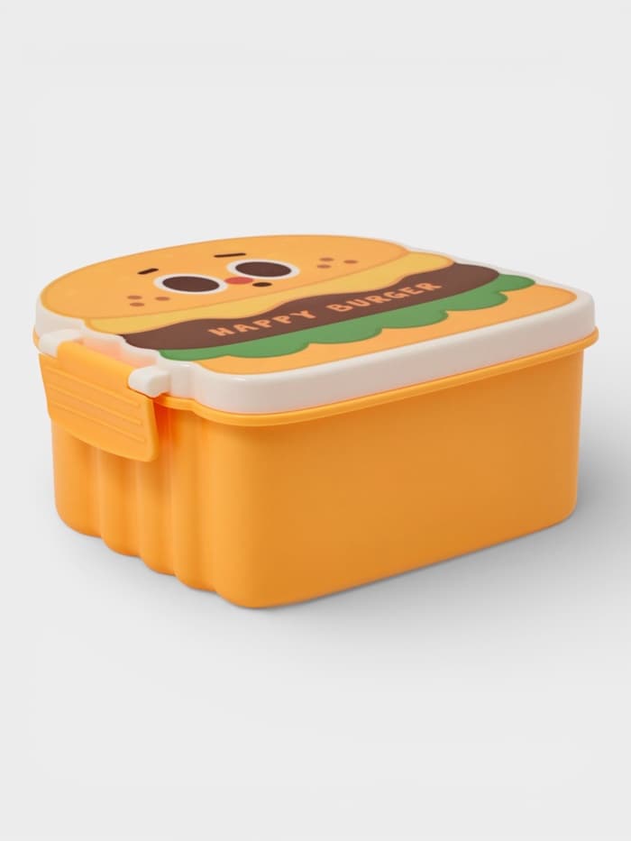 Ланч - бокс, контейнер для еды Доляна «Счастливый бургер», 3 ячейки, с ложкой и вилкой, 17.5×15.5×8 см, пластик, жёлтый