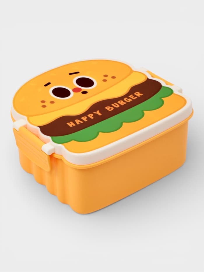 Ланч - бокс, контейнер для еды Доляна «Счастливый бургер», 3 ячейки, с ложкой и вилкой, 17.5×15.5×8 см, пластик, жёлтый