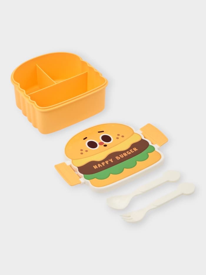 Ланч - бокс, контейнер для еды Доляна «Счастливый бургер», 3 ячейки, с ложкой и вилкой, 17.5×15.5×8 см, пластик, жёлтый