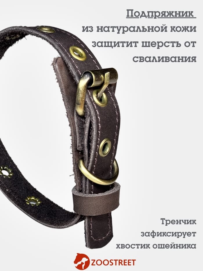 Ошейник безразмерный, 40×2 см, с подпряжником, кожа, коричневый