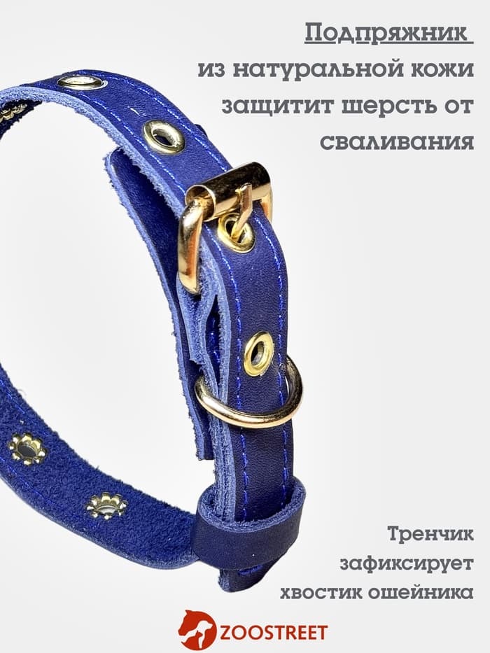 Ошейник безразмерный, 40×2 см, с подпряжником, кожа, синий