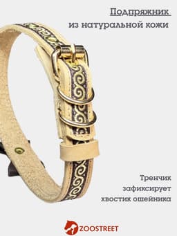 Ошейник, 45×2 см, с бантиком, тесьмой и стразами, кожа, бежевый