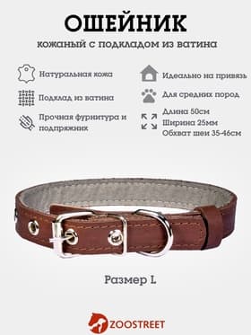 Ошейник, 50×2.5 см, подклад из ватина, кожа, коричневый