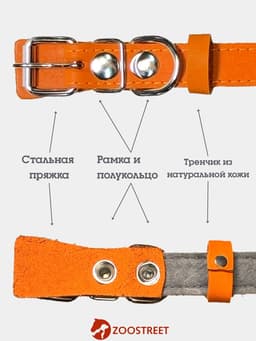 Ошейник, 50×2.5 см, подклад из ватина, кожа, оранжевый