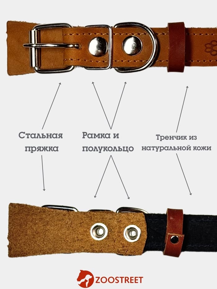 Ошейник, 50×2.5 см, с подкладом тиснение, кожа, коричневый