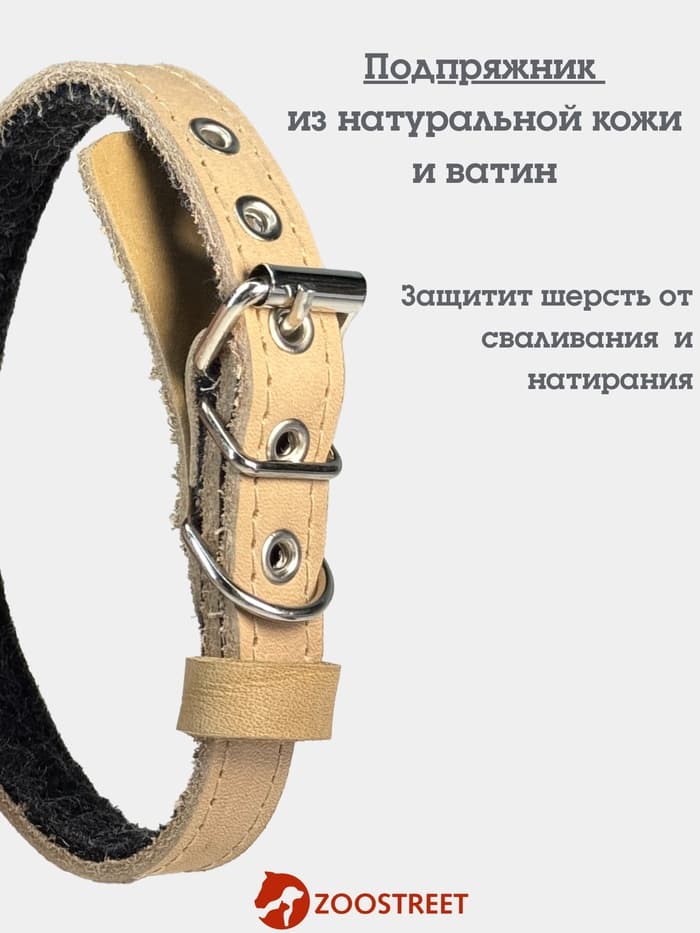 Ошейник, 35×1.5 см, подклад из ватина, кожа, бежевый