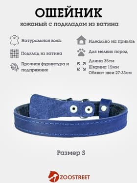 Ошейник, 35×1.5 см, подклад из ватина, кожа, синий