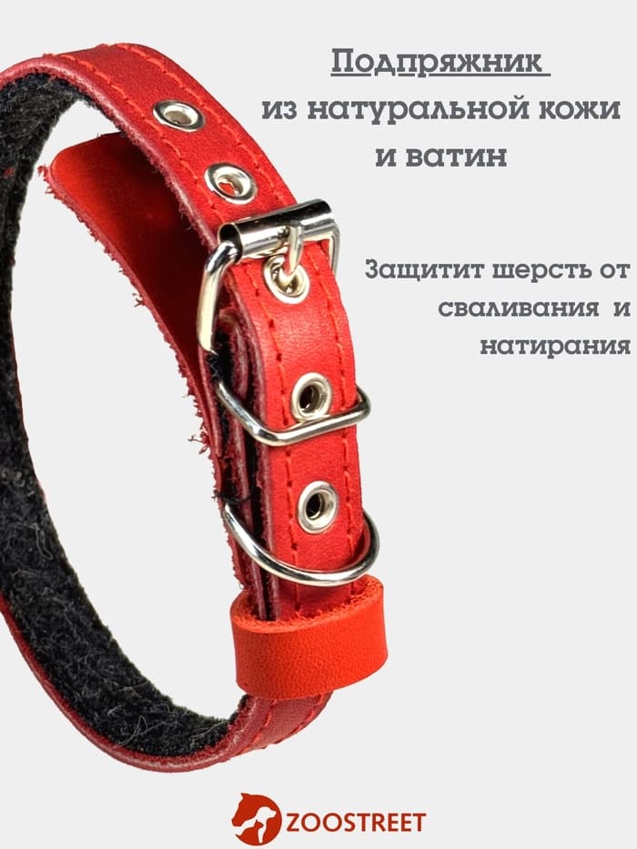Ошейник, 35×1.5 см, подклад из ватина, кожа, красный