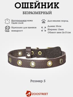 Ошейник безразмерный, 35×1.5 см, с подпряжником, кожа, коричневый