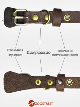 Ошейник безразмерный, 35×1.5 см, с подпряжником, кожа, коричневый