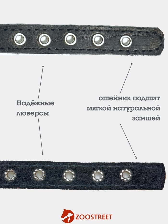 Ошейник, 35×1.5 см, с подкладом и светоотражающей лентой, кожа, чёрный